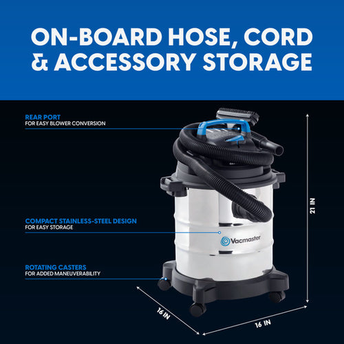 Vacmaster 5-Gallon* 3 Peak HP† Stainless Steel Wet/Dry Vacuum VOC507S