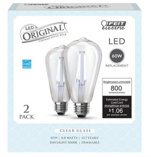 Feit Electric ST19 E26 (Medium) Filament LED Bulb Daylight 60 Watt Equivalence 2 pk