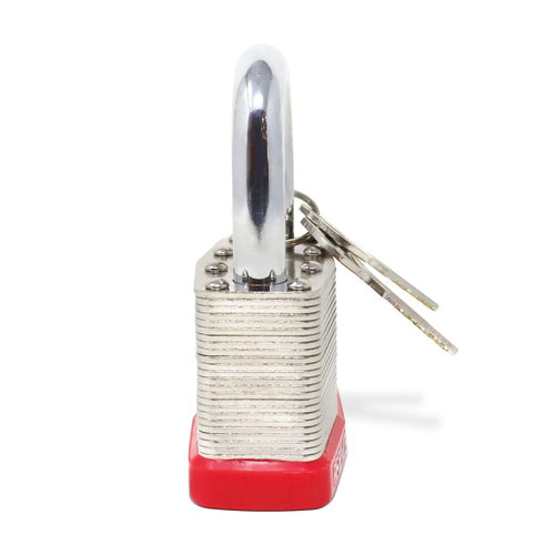 Premier Lock 2-5/8 Nickel Plated Laminated Steel Keyed Padlock with Vinyl Bumper and 2 Keys