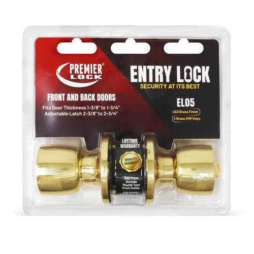 Premier Lock Solid Brass Keyed Entry Door Knob, Tubular With 2 KW1 Keys- Carded