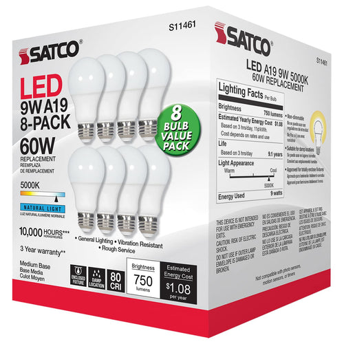 Satco S11461 9A19/LED/850/ND/120V/8PK