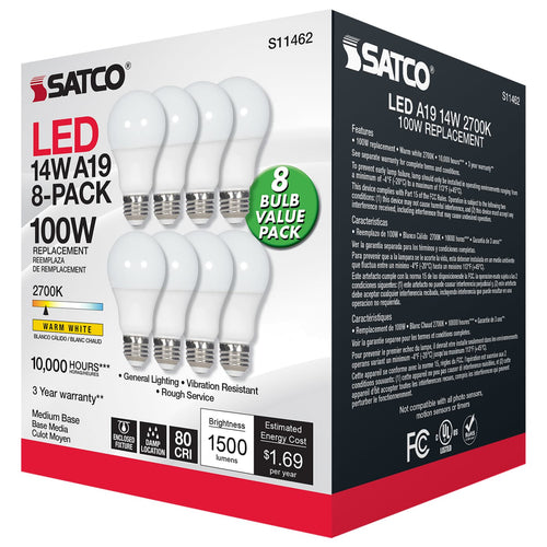 Satco S11462 14A19/LED/827/ND/120V/8PK