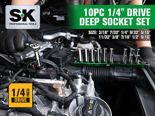 SK Tools 1/4 Drive, 11 Piece, 6 Point, Deep, SAE Chrome Socket Set