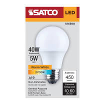 Satco S14300 5A19L/827/E26/P/ND/1PK