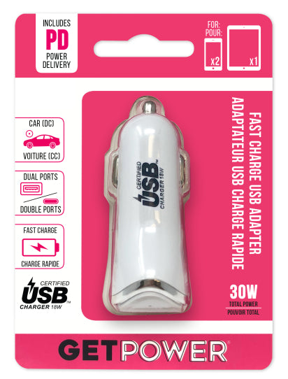 GetPower® Fast Charge Dual Port DC Car Adapter 30W USB-C™ PD